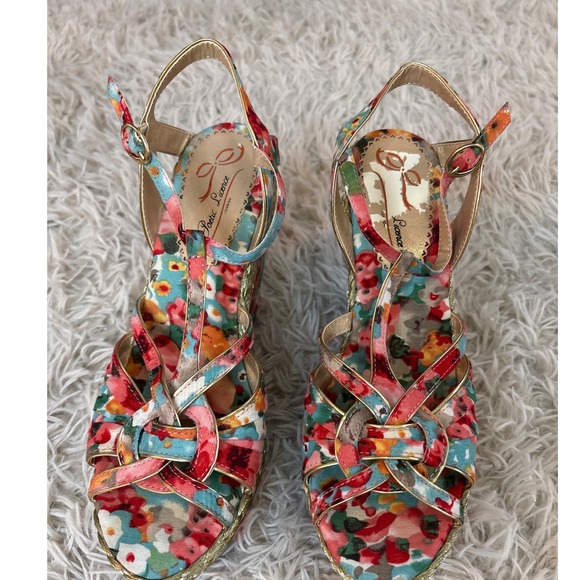 Poetic Licence Floral Wedge Sandals Women's 9 Multicolor Open Toe Ankle Strap - Picture 3 of 9
